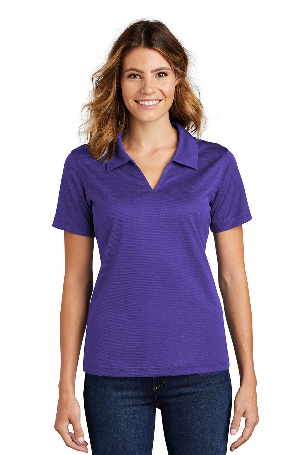 Sport-Tek L469 Womens Dri-Mesh Moisture Wicking Short Sleeve Polo Shirt Purple Model Front