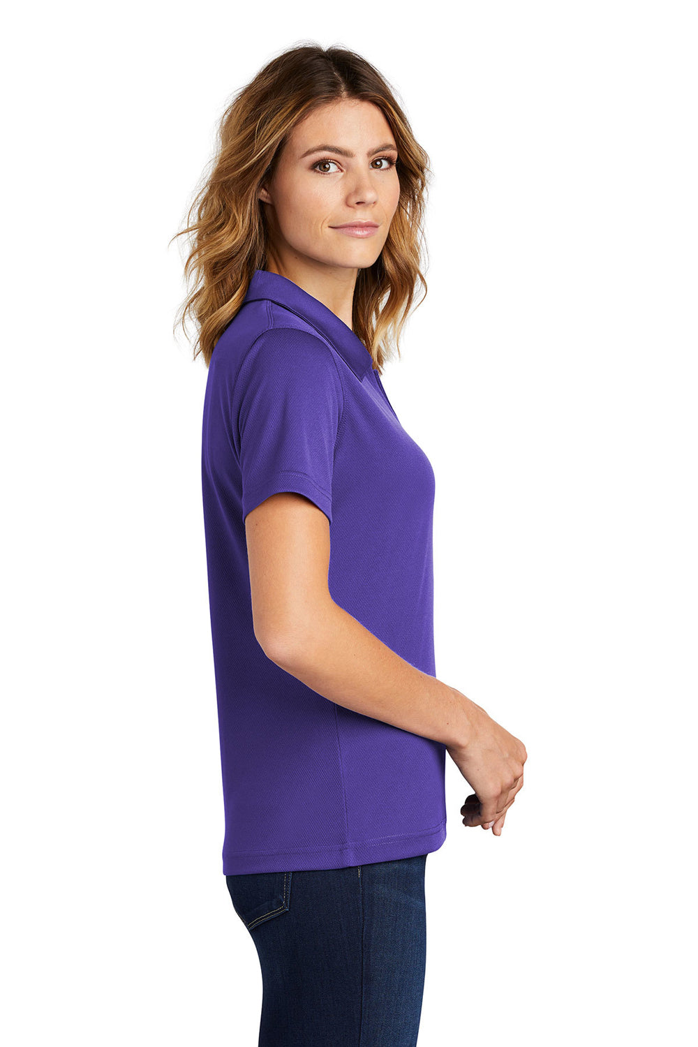 Sport-Tek L469 Womens Dri-Mesh Moisture Wicking Short Sleeve Polo Shirt Purple Model Side