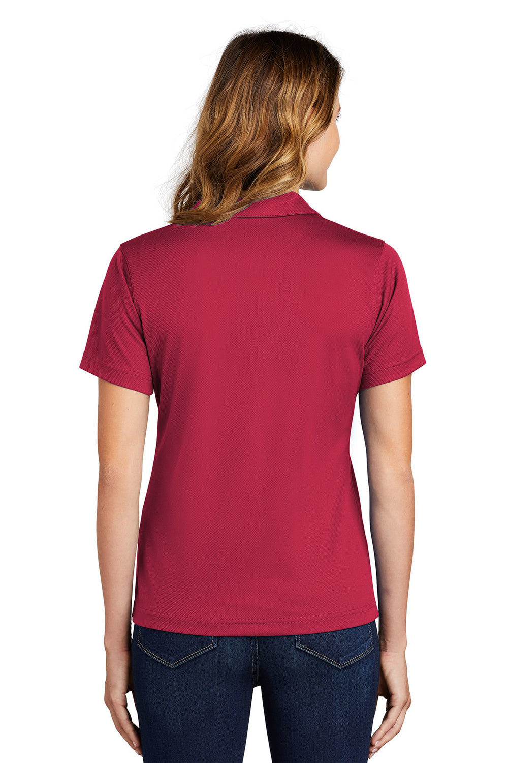 Sport-Tek L469 Womens Dri-Mesh Moisture Wicking Short Sleeve Polo Shirt Red Model Back