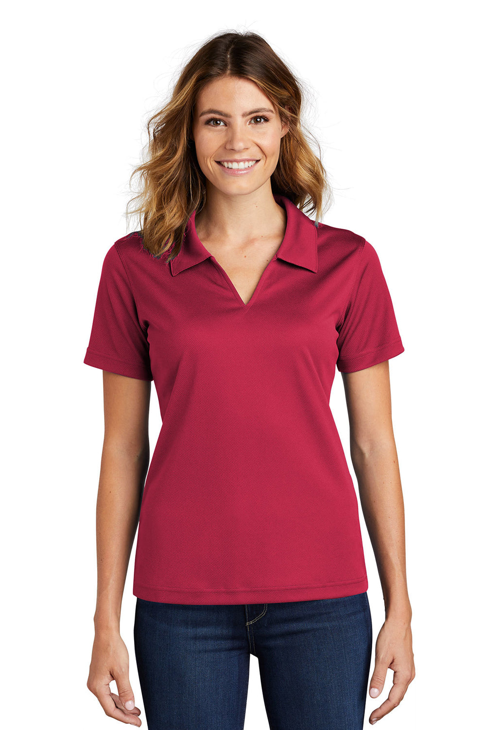 Sport-Tek L469 Womens Dri-Mesh Moisture Wicking Short Sleeve Polo Shirt Red Model Front