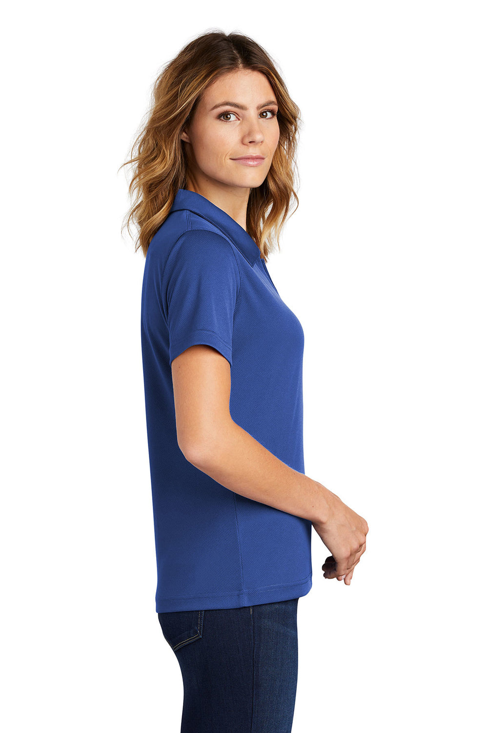 Sport-Tek L469 Womens Dri-Mesh Moisture Wicking Short Sleeve Polo Shirt Royal Blue Model Side