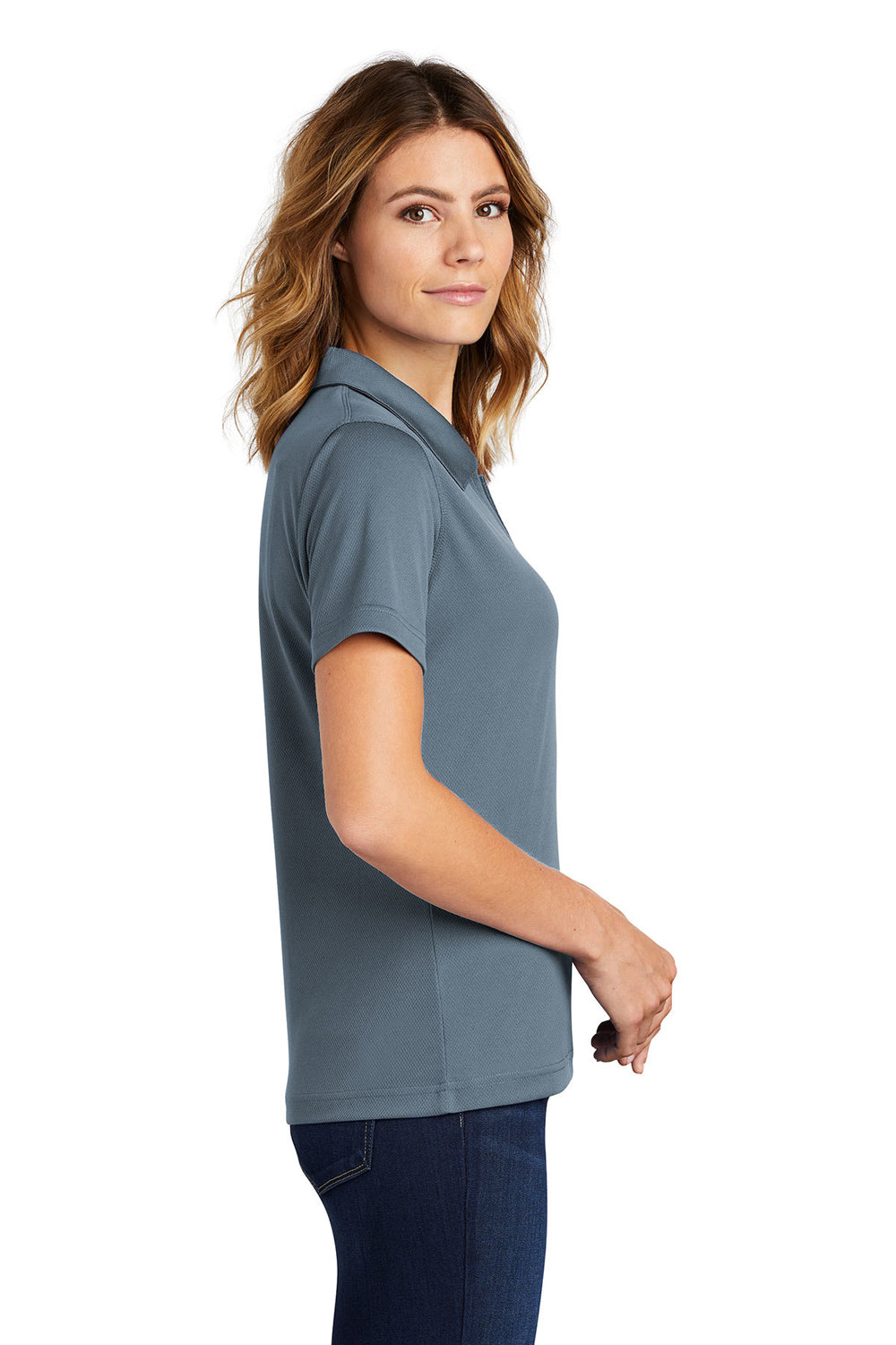 Sport-Tek L469 Womens Dri-Mesh Moisture Wicking Short Sleeve Polo Shirt Steel Grey Model Side