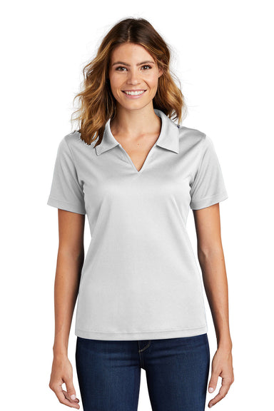 Sport-Tek L469 Womens Dri-Mesh Moisture Wicking Short Sleeve Polo Shirt White Model Front