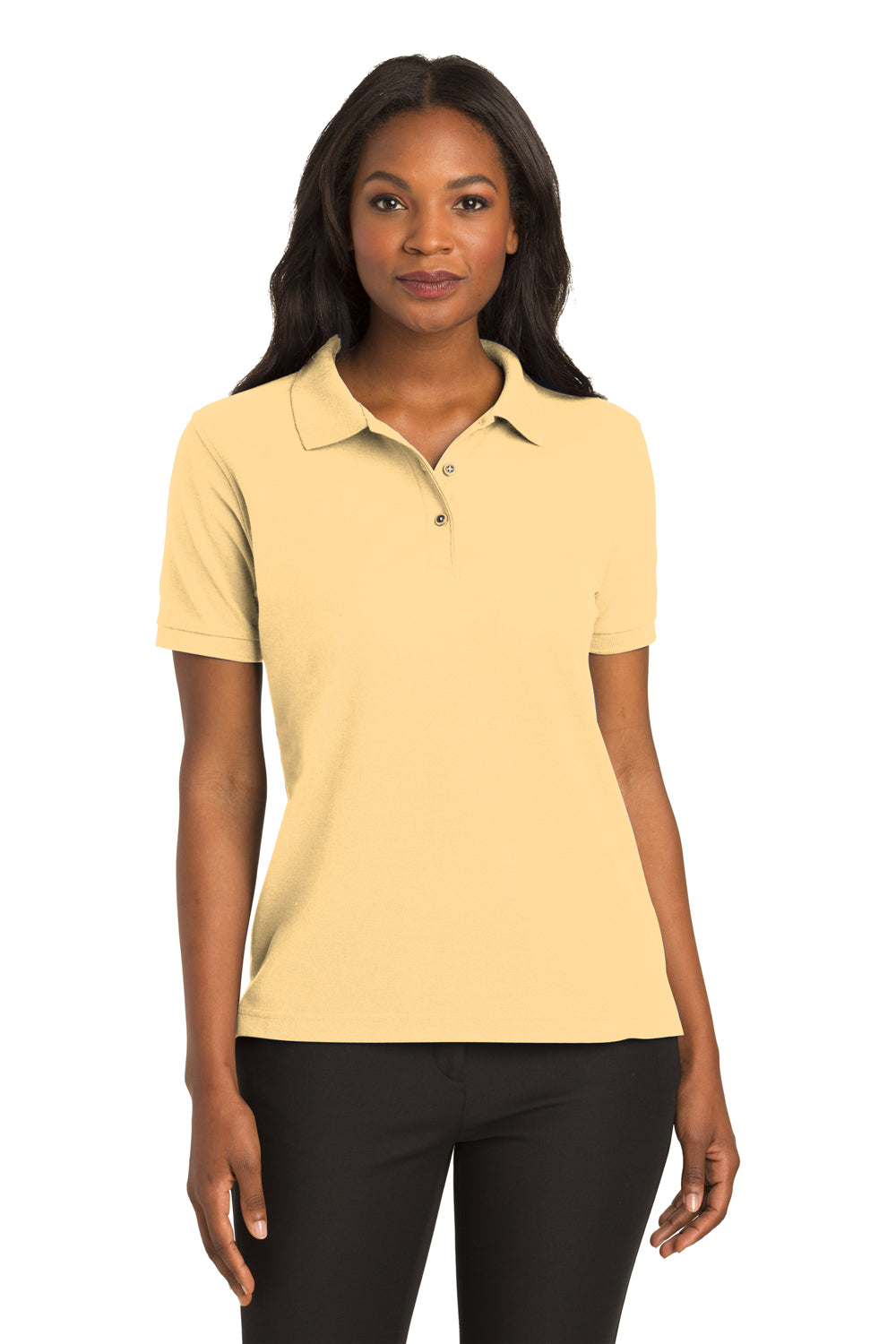 Port Authority L500 Womens Silk Touch Wrinkle Resistant Short Sleeve Polo Shirt Banana Yellow Model Front