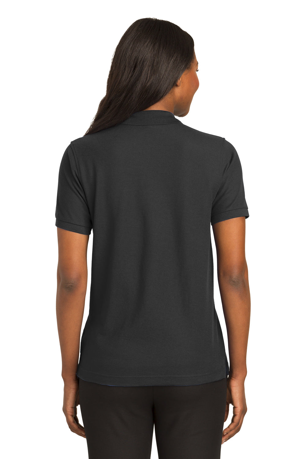 Port Authority L500 Womens Silk Touch Wrinkle Resistant Short Sleeve Polo Shirt Black Model Back