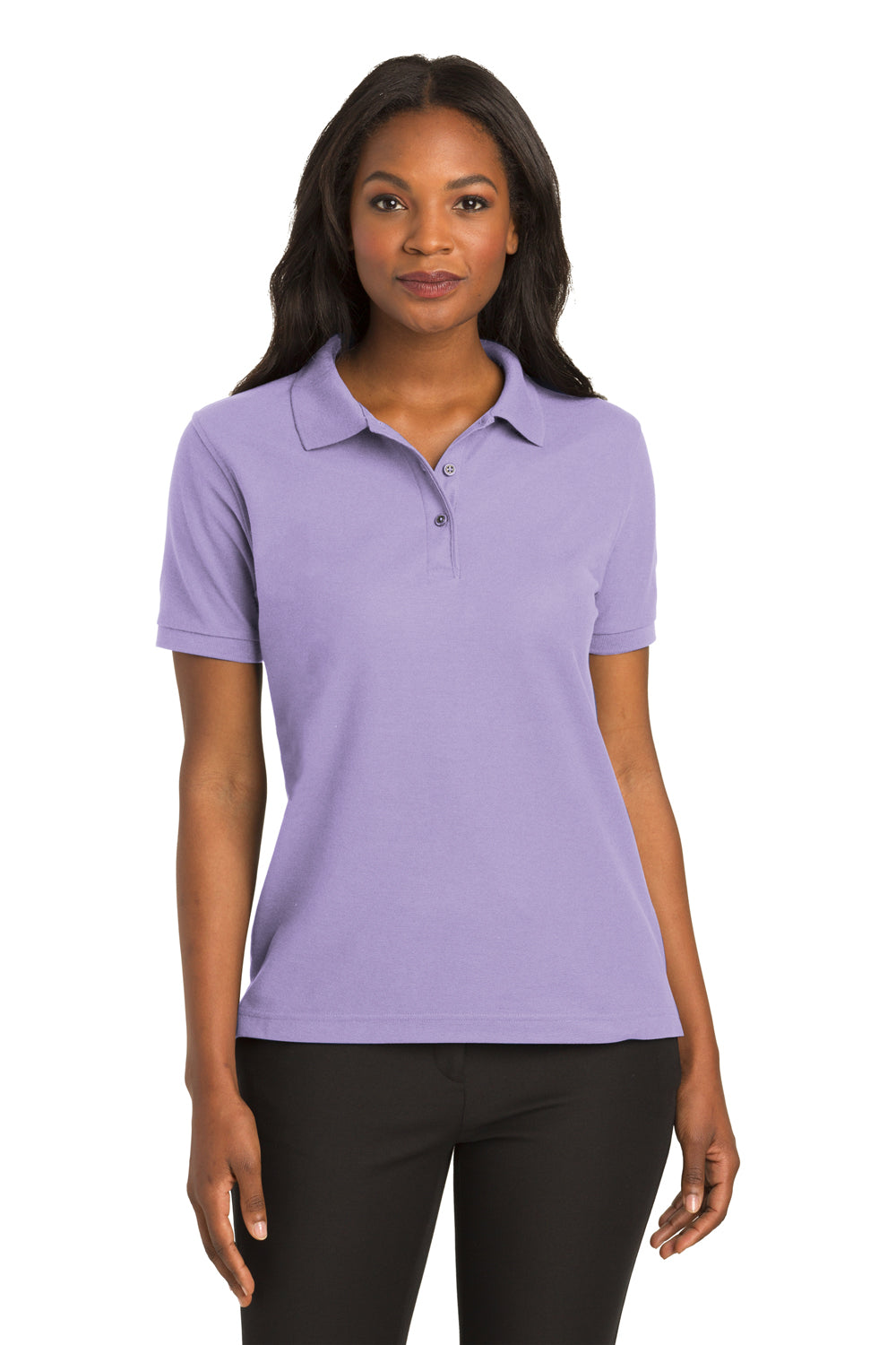 Port Authority L500 Womens Silk Touch Wrinkle Resistant Short Sleeve Polo Shirt Bright Lavender Purple Model Front