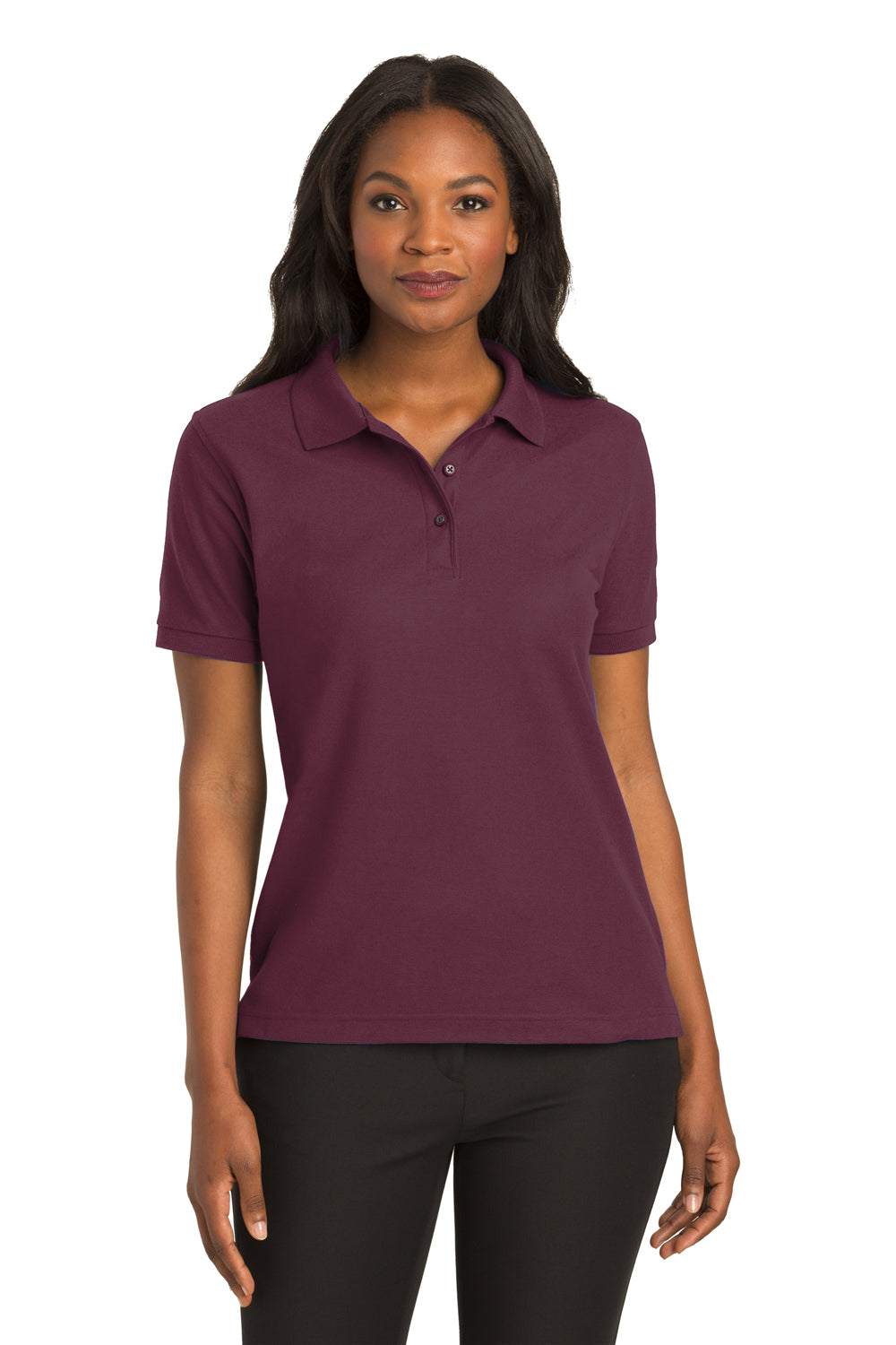 Port Authority L500 Womens Silk Touch Wrinkle Resistant Short Sleeve Polo Shirt Burgundy Model Front