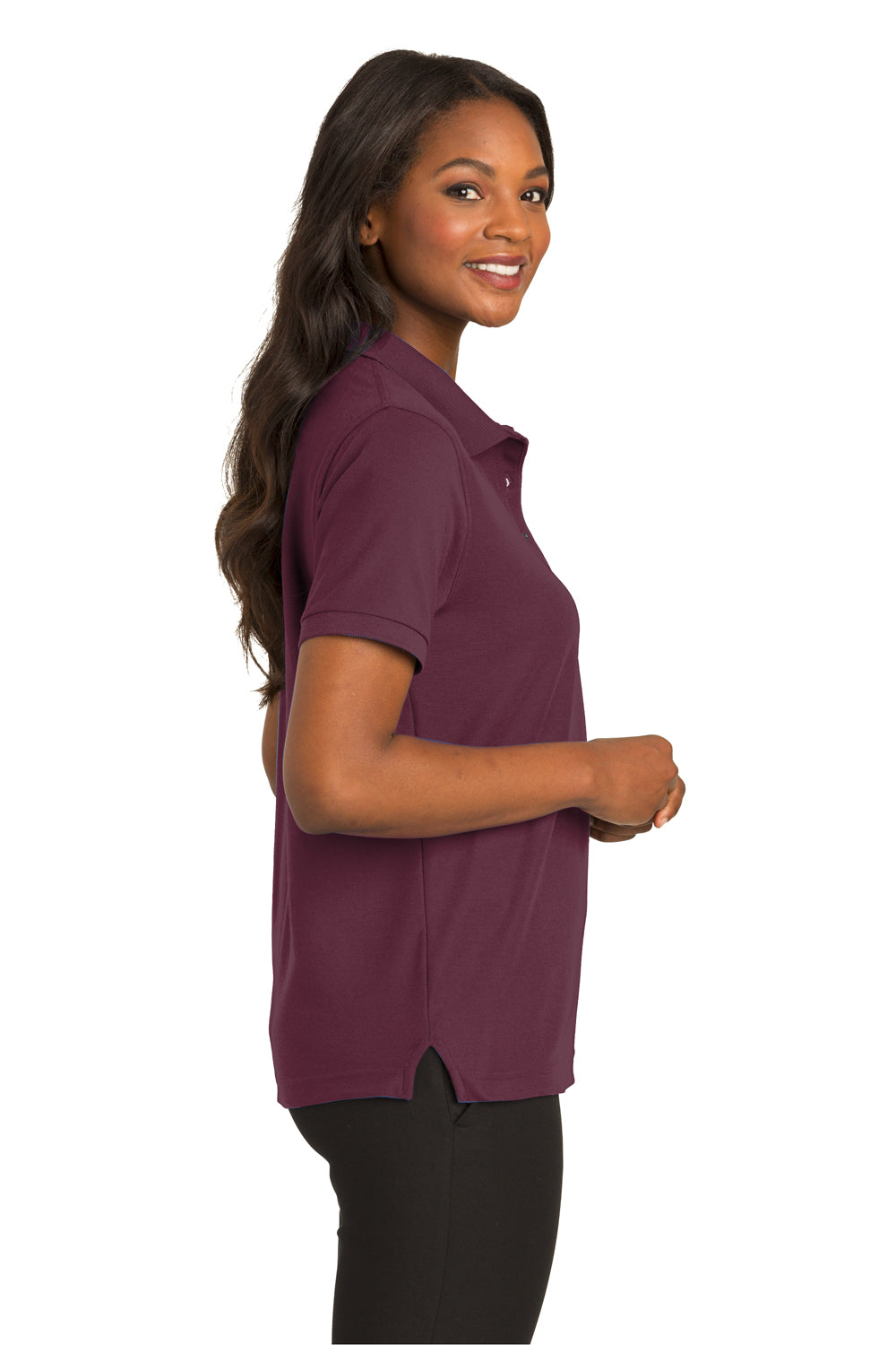 Port Authority L500 Womens Silk Touch Wrinkle Resistant Short Sleeve Polo Shirt Burgundy Model Side