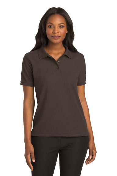 Port Authority L500 Womens Silk Touch Wrinkle Resistant Short Sleeve Polo Shirt Coffee Bean Brown Model Front