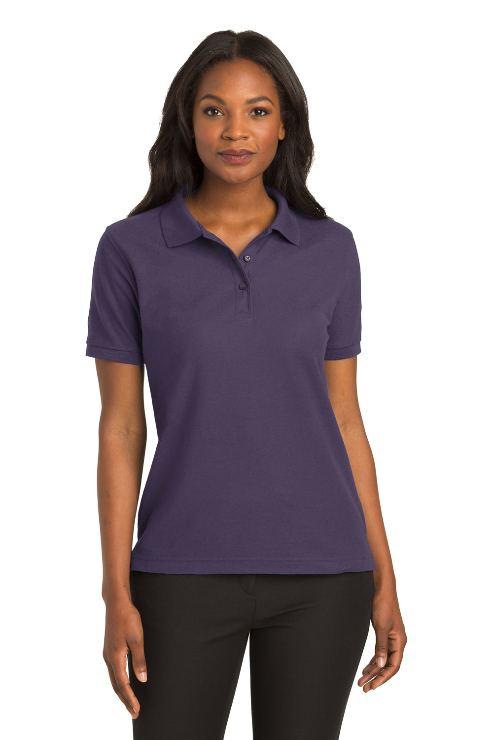 Port Authority L500 Womens Silk Touch Wrinkle Resistant Short Sleeve Polo Shirt Eggplant Purple Model Front