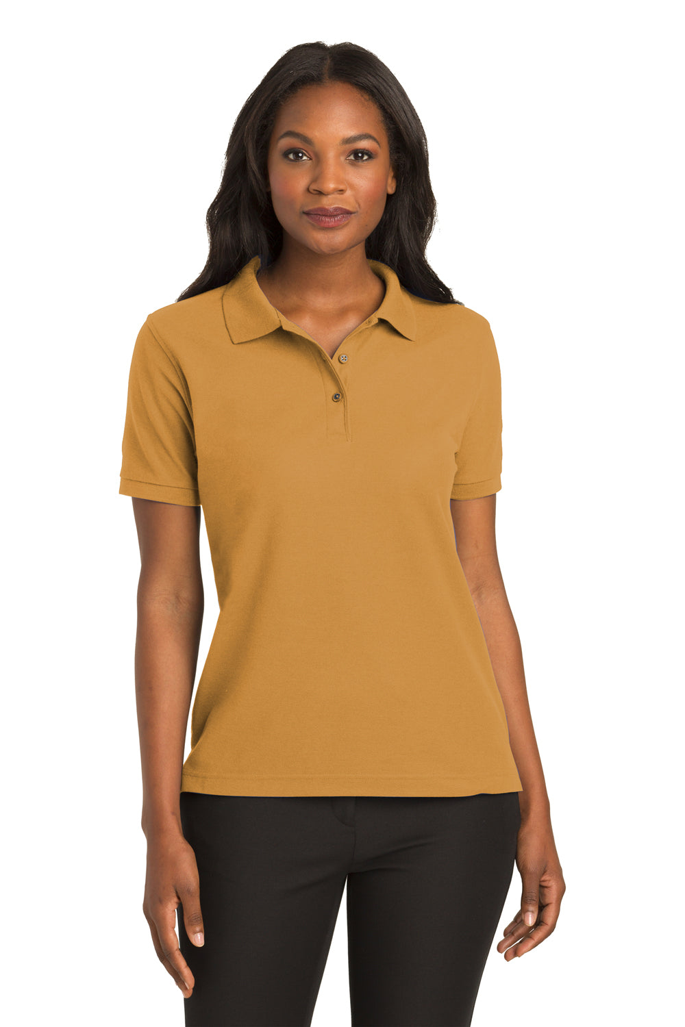 Port Authority L500 Womens Silk Touch Wrinkle Resistant Short Sleeve Polo Shirt Gold Model Front