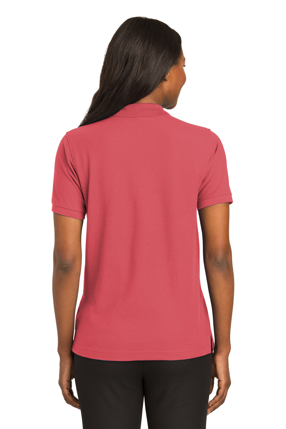 Port Authority L500 Womens Silk Touch Wrinkle Resistant Short Sleeve Polo Shirt Hibiscus Pink Model Back