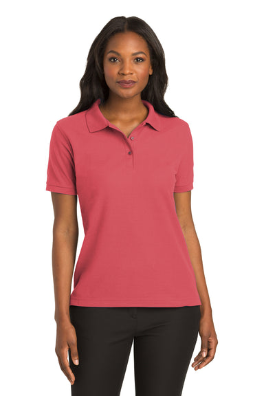 Port Authority L500 Womens Silk Touch Wrinkle Resistant Short Sleeve Polo Shirt Hibiscus Pink Model Front