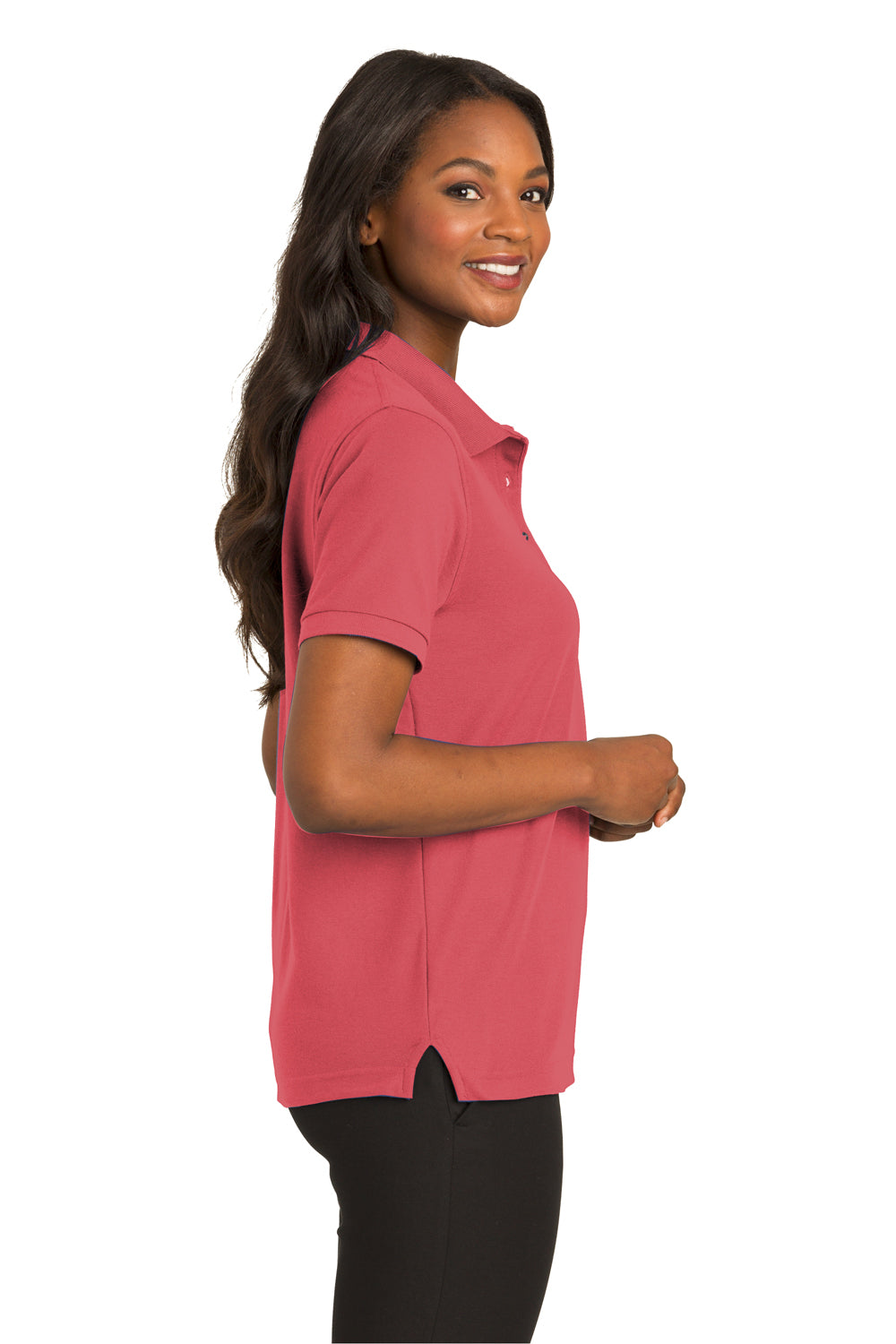 Port Authority L500 Womens Silk Touch Wrinkle Resistant Short Sleeve Polo Shirt Hibiscus Pink Model Side