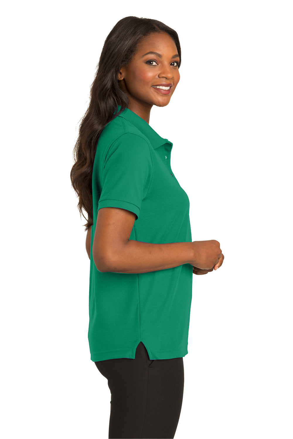 Port Authority L500 Womens Silk Touch Wrinkle Resistant Short Sleeve Polo Shirt Kelly Green Model Side