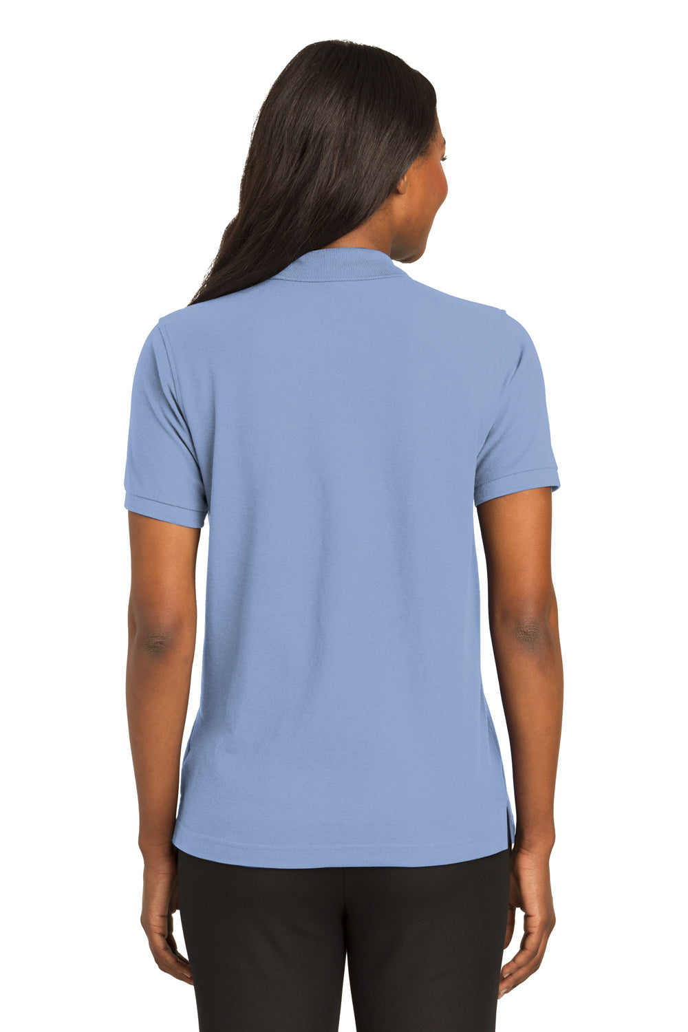 Port Authority L500 Womens Silk Touch Wrinkle Resistant Short Sleeve Polo Shirt Light Blue Model Back