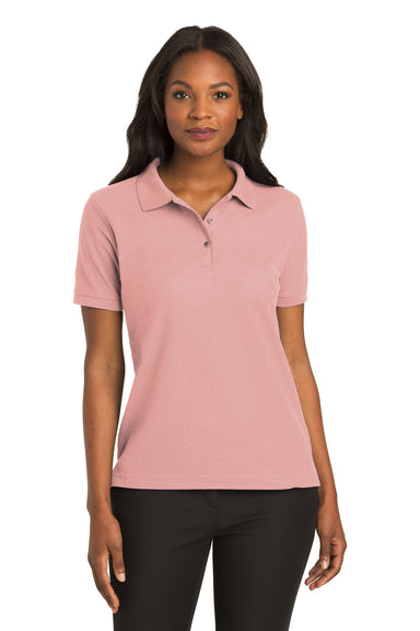 Port Authority L500 Womens Silk Touch Wrinkle Resistant Short Sleeve Polo Shirt Light Pink Model Front