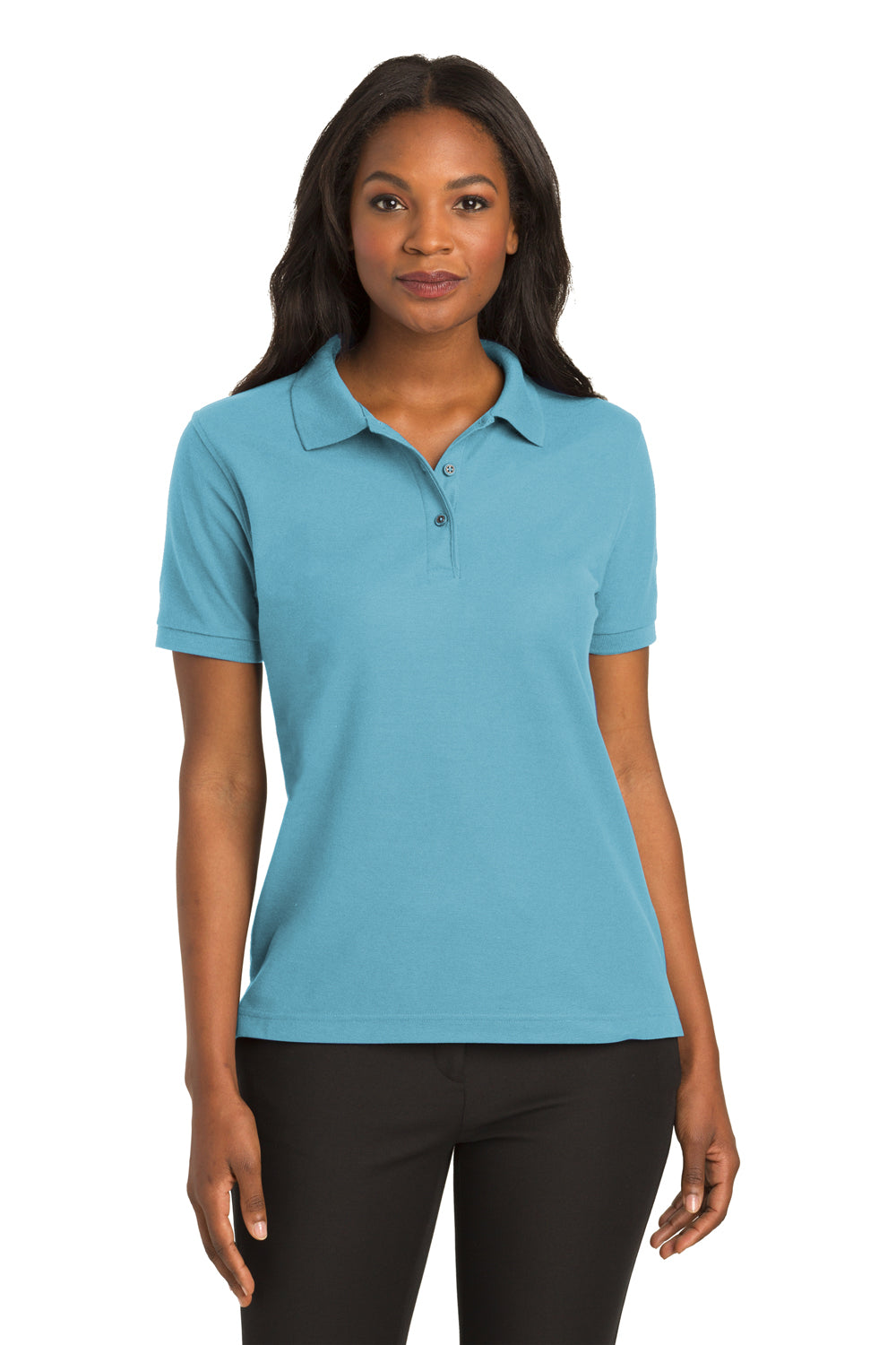 Port Authority L500 Womens Silk Touch Wrinkle Resistant Short Sleeve Polo Shirt Maui Blue Model Front