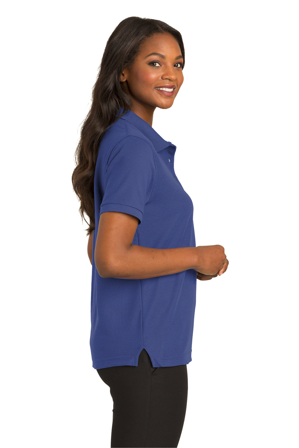 Port Authority L500 Womens Silk Touch Wrinkle Resistant Short Sleeve Polo Shirt Mediterranean Blue Model Side