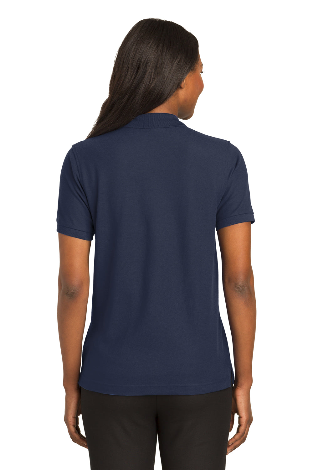 Port Authority L500 Womens Silk Touch Wrinkle Resistant Short Sleeve Polo Shirt Navy Blue Model Back