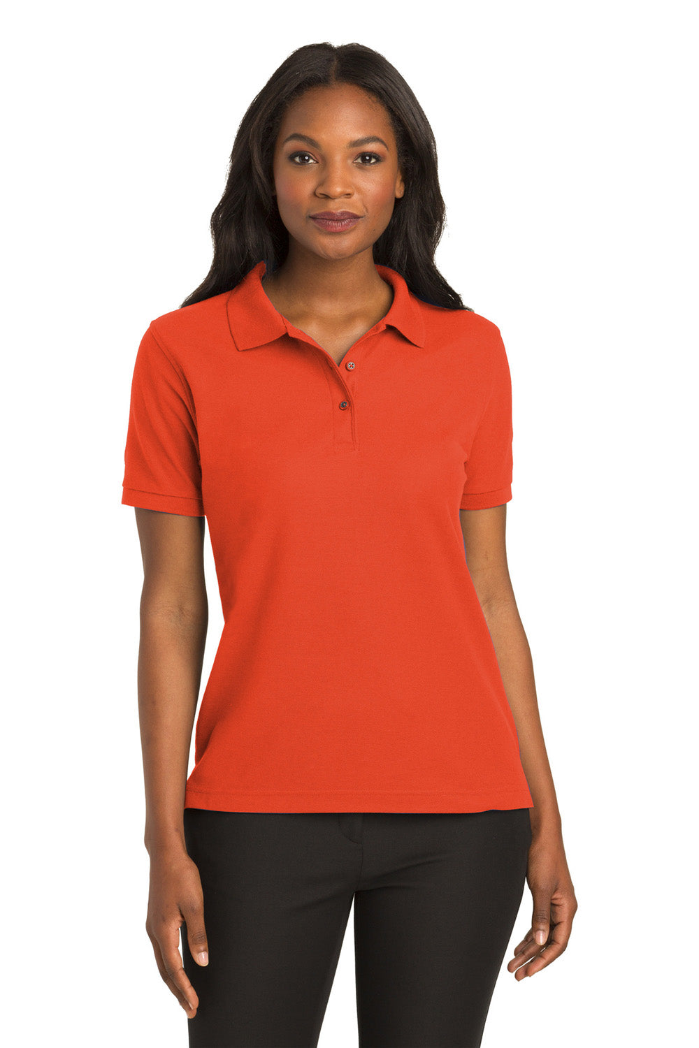 Port Authority L500 Womens Silk Touch Wrinkle Resistant Short Sleeve Polo Shirt Orange Model Front