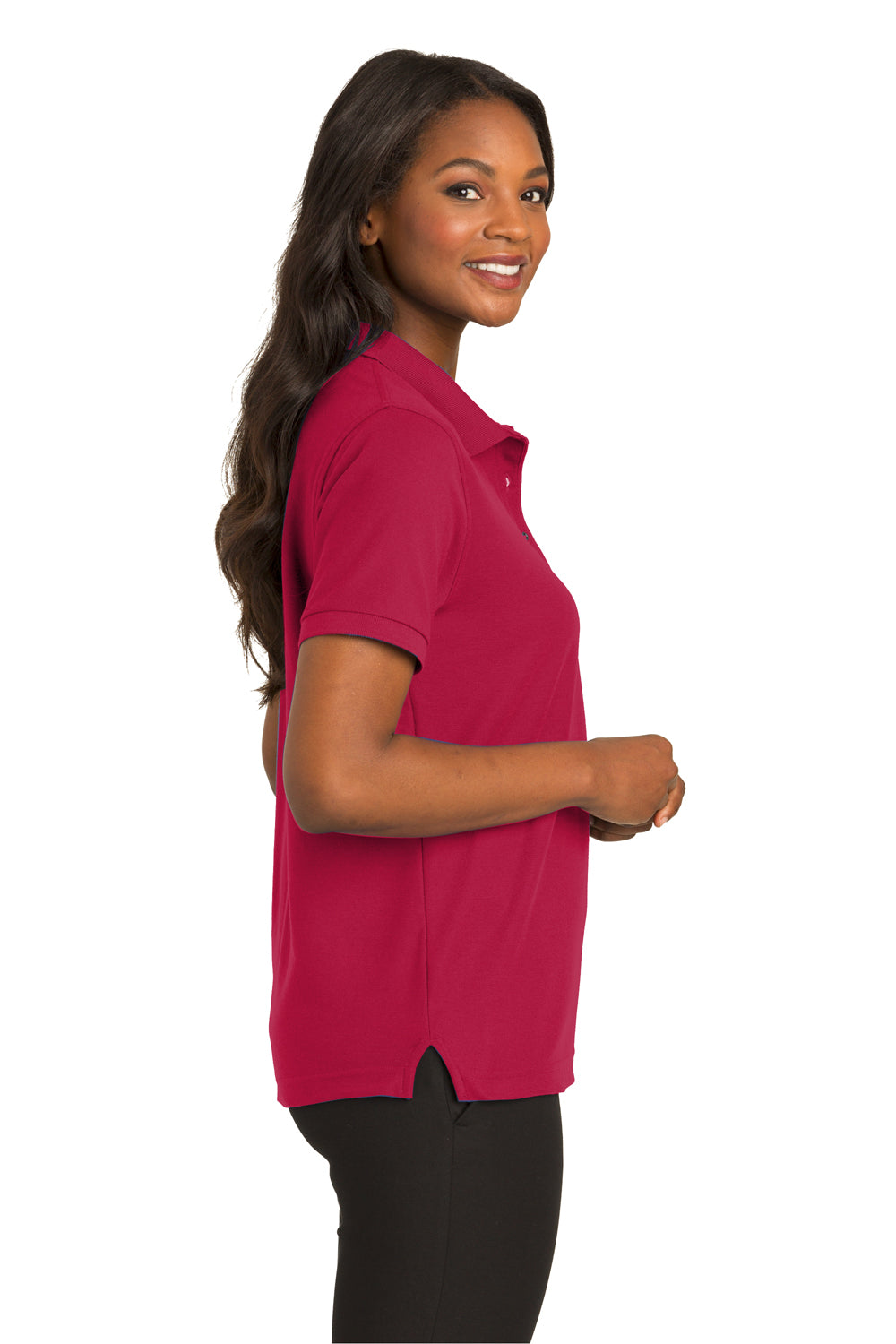 Port Authority L500 Womens Silk Touch Wrinkle Resistant Short Sleeve Polo Shirt Red Model Side