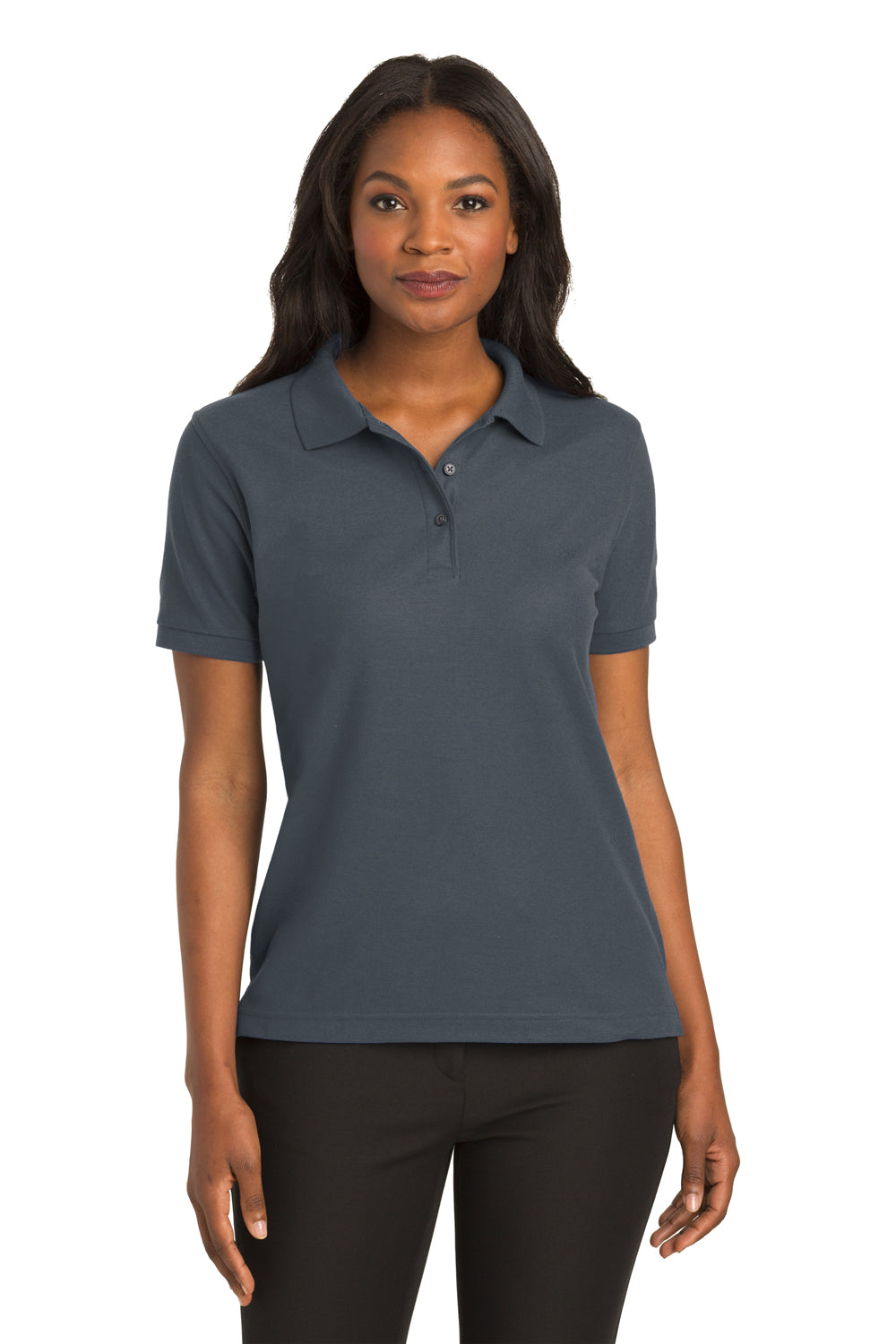 Port Authority L500 Womens Silk Touch Wrinkle Resistant Short Sleeve Polo Shirt Steel Grey Model Front