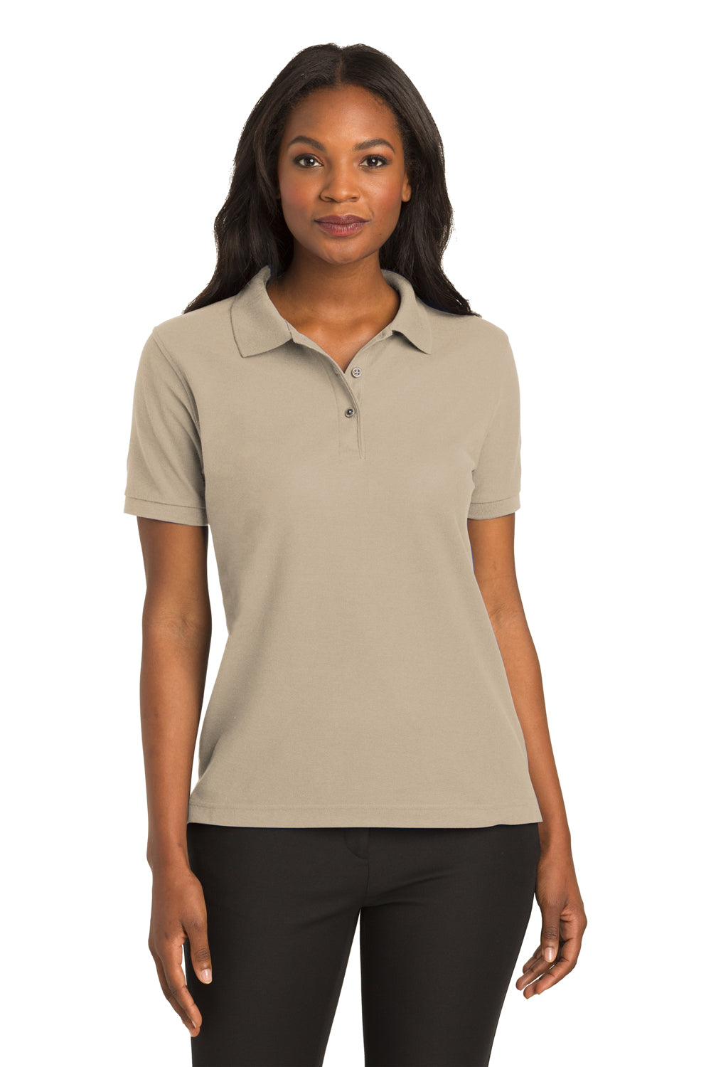 Port Authority L500 Womens Silk Touch Wrinkle Resistant Short Sleeve Polo Shirt Stone Model Front