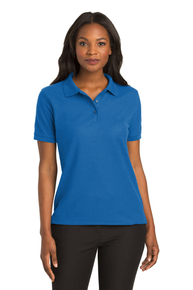 Port Authority L500 Womens Silk Touch Wrinkle Resistant Short Sleeve Polo Shirt Strong Blue Model Front