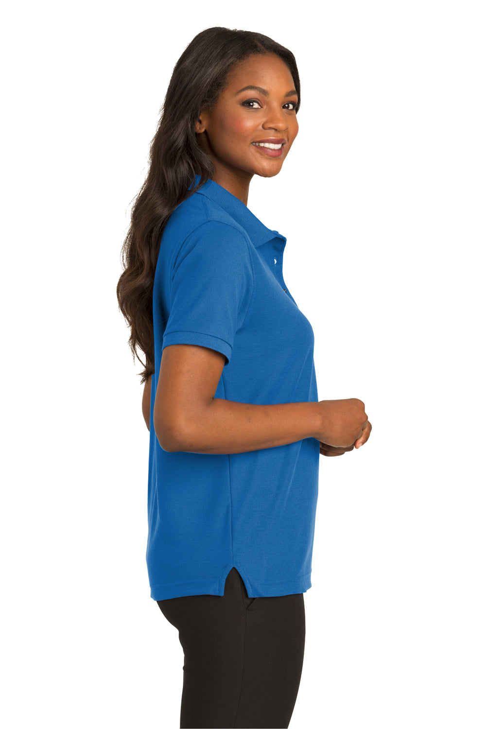 Port Authority L500 Womens Silk Touch Wrinkle Resistant Short Sleeve Polo Shirt Strong Blue Model Side