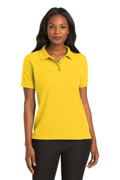 Port Authority L500 Womens Silk Touch Wrinkle Resistant Short Sleeve Polo Shirt Sunflower Yellow Model Front