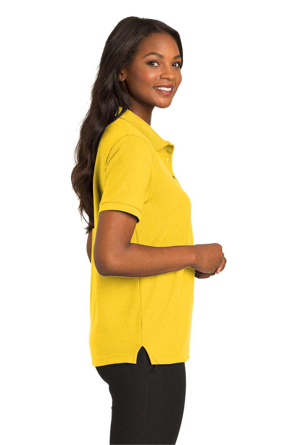 Port Authority L500 Womens Silk Touch Wrinkle Resistant Short Sleeve Polo Shirt Sunflower Yellow Model Side