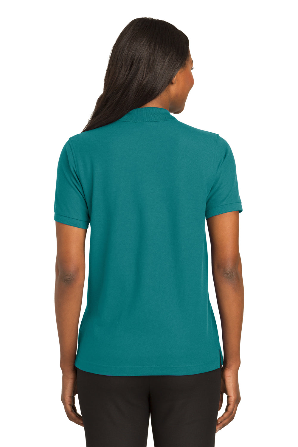 Port Authority L500 Womens Silk Touch Wrinkle Resistant Short Sleeve Polo Shirt Teal Green Model Back