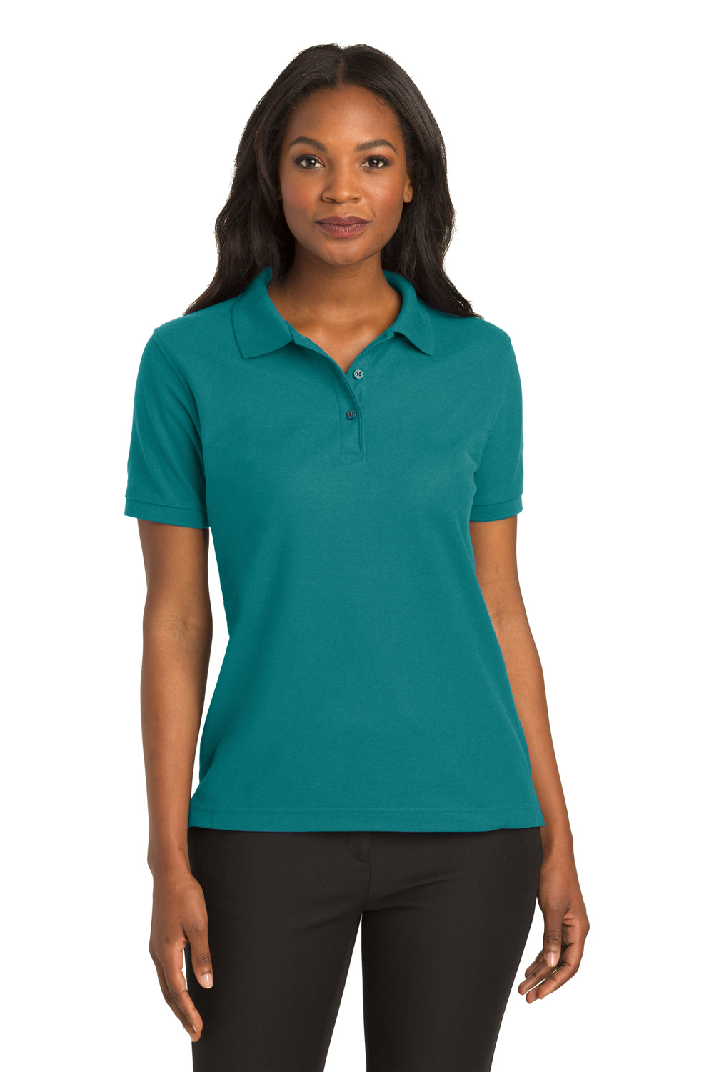 Port Authority L500 Womens Silk Touch Wrinkle Resistant Short Sleeve Polo Shirt Teal Green Model Front