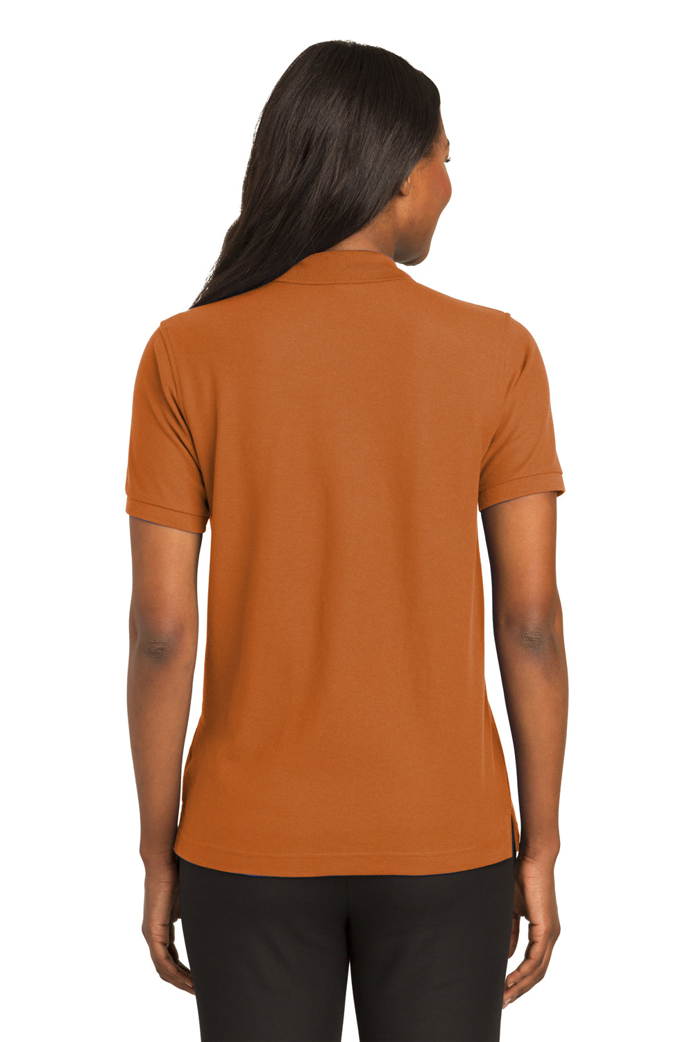 Port Authority L500 Womens Silk Touch Wrinkle Resistant Short Sleeve Polo Shirt Texas Orange Model Back