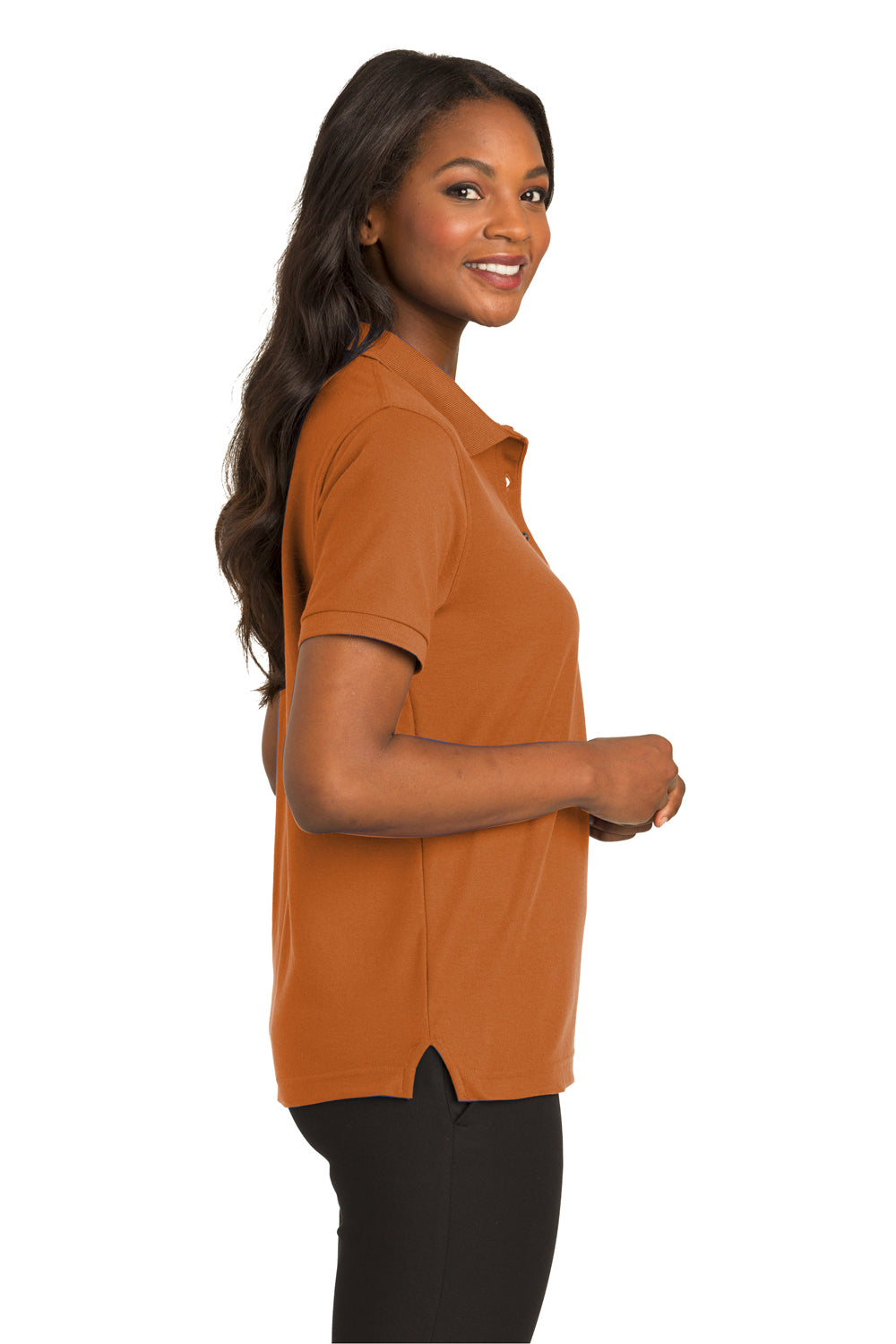 Port Authority L500 Womens Silk Touch Wrinkle Resistant Short Sleeve Polo Shirt Texas Orange Model Side