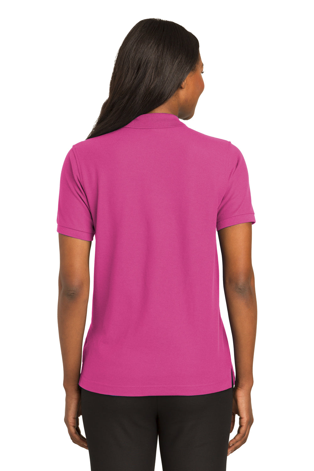 Port Authority L500 Womens Silk Touch Wrinkle Resistant Short Sleeve Polo Shirt Tropical Pink Model Back