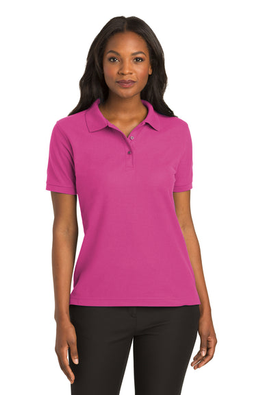 Port Authority L500 Womens Silk Touch Wrinkle Resistant Short Sleeve Polo Shirt Tropical Pink Model Front