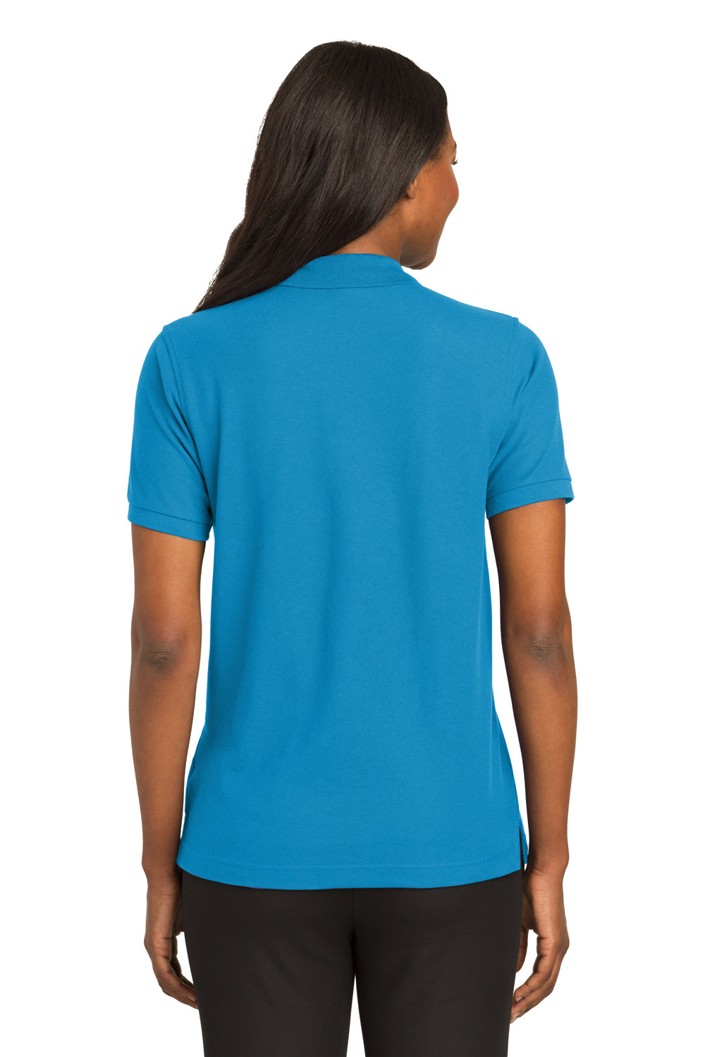 Port Authority L500 Womens Silk Touch Wrinkle Resistant Short Sleeve Polo Shirt Turquoise Blue Model Back