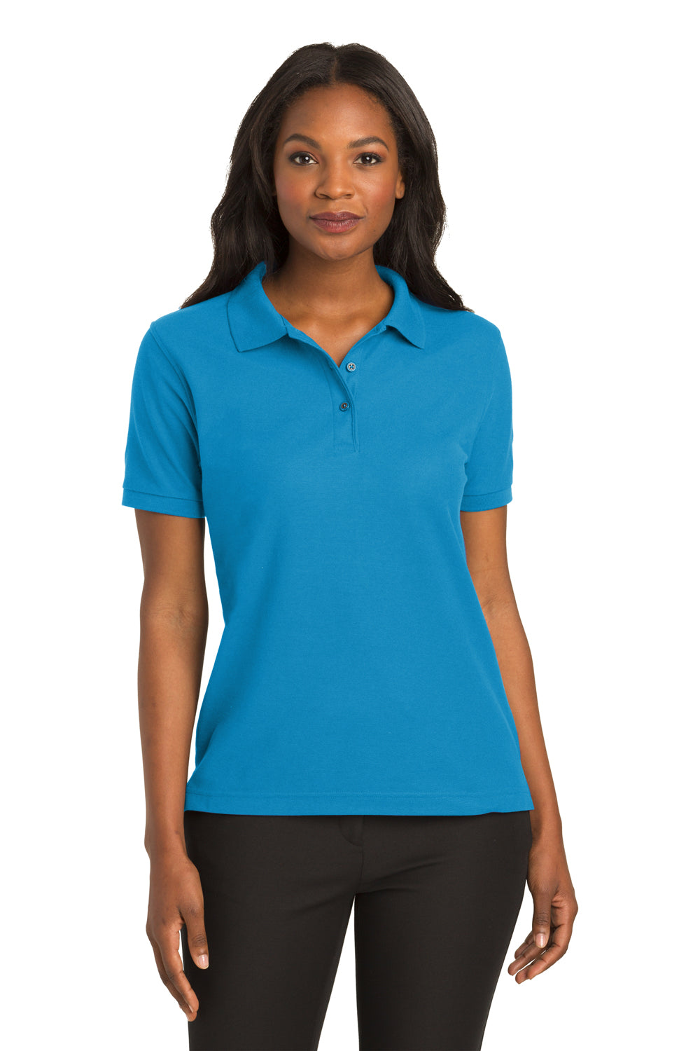 Port Authority L500 Womens Silk Touch Wrinkle Resistant Short Sleeve Polo Shirt Turquoise Blue Model Front