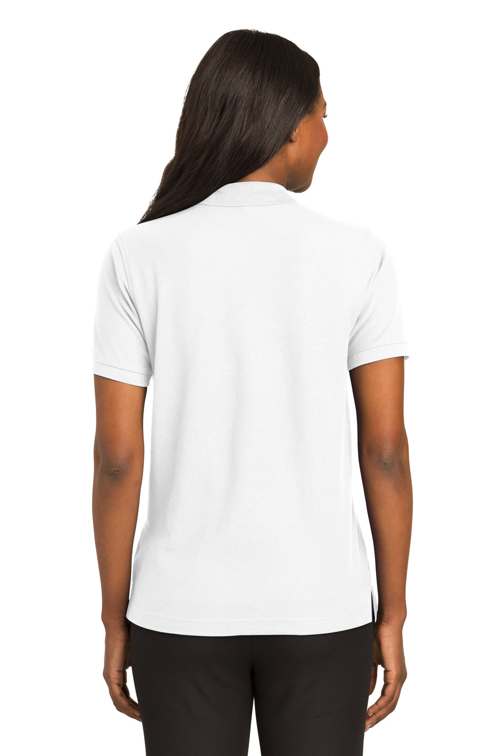 Port Authority L500 Womens Silk Touch Wrinkle Resistant Short Sleeve Polo Shirt White Model Back