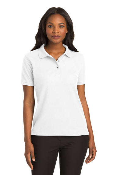 Port Authority L500 Womens Silk Touch Wrinkle Resistant Short Sleeve Polo Shirt White Model Front