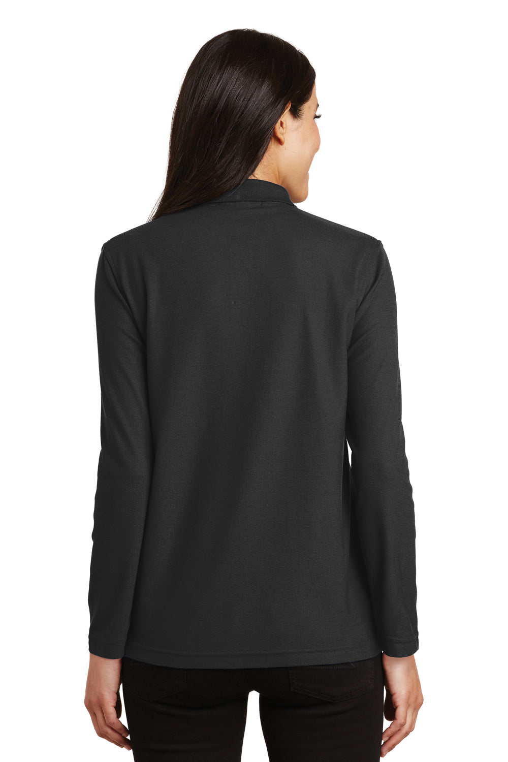 Port Authority L500LS Womens Silk Touch Wrinkle Resistant Long Sleeve Polo Shirt Black Model Back