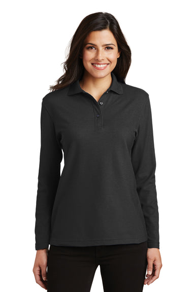 Port Authority L500LS Womens Silk Touch Wrinkle Resistant Long Sleeve Polo Shirt Black Model Front