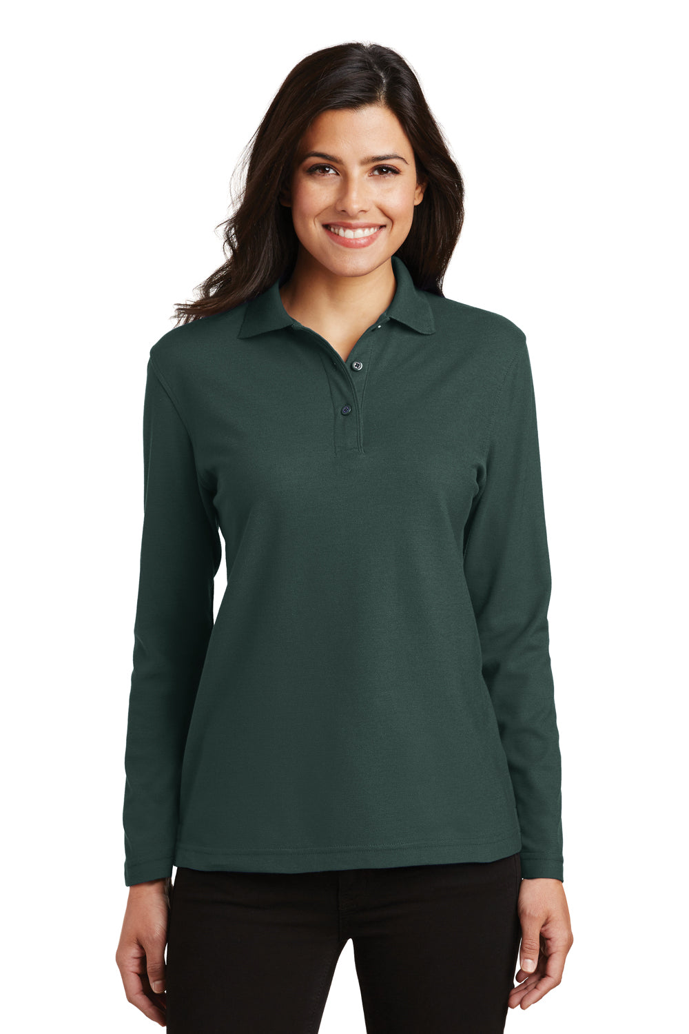 Port Authority L500LS Womens Silk Touch Wrinkle Resistant Long Sleeve Polo Shirt Dark Green Model Front