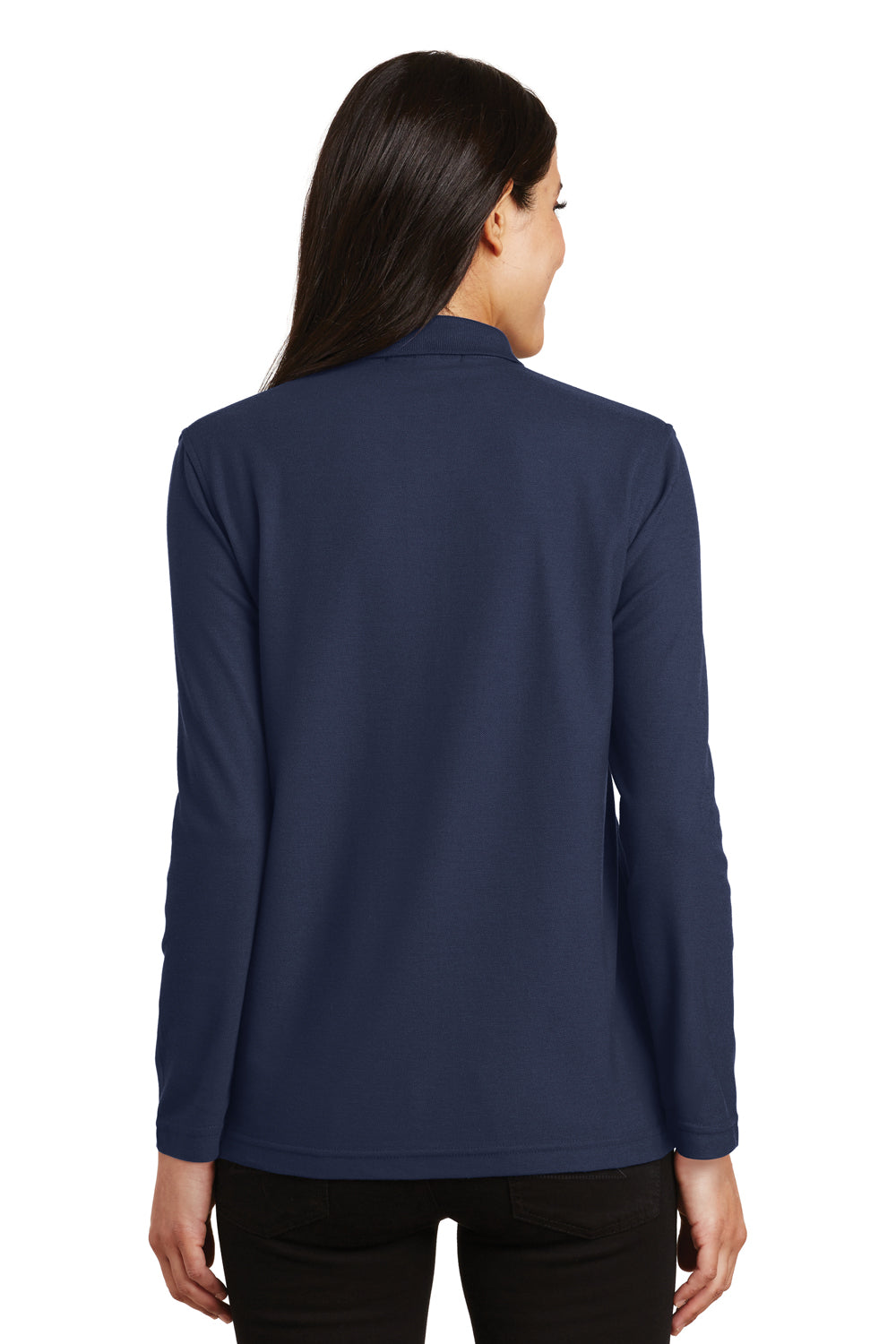 Port Authority L500LS Womens Silk Touch Wrinkle Resistant Long Sleeve Polo Shirt Navy Blue Model Back