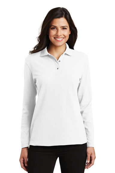 Port Authority L500LS Womens Silk Touch Wrinkle Resistant Long Sleeve Polo Shirt White Model Front