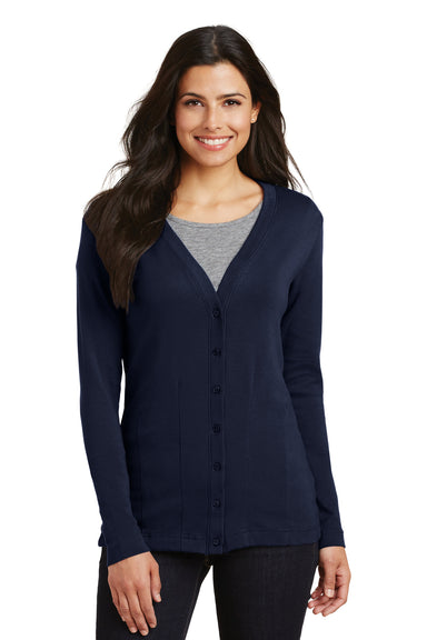 Port Authority L515 Womens Long Sleeve Cardigan Sweater True Navy Blue Model Front