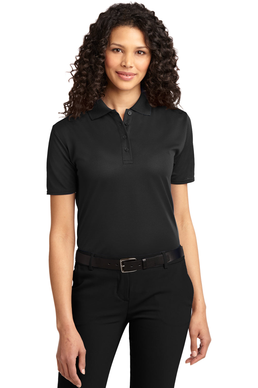 Port Authority L525 Womens Dry Zone Moisture Wicking Short Sleeve Polo Shirt Black Model Front