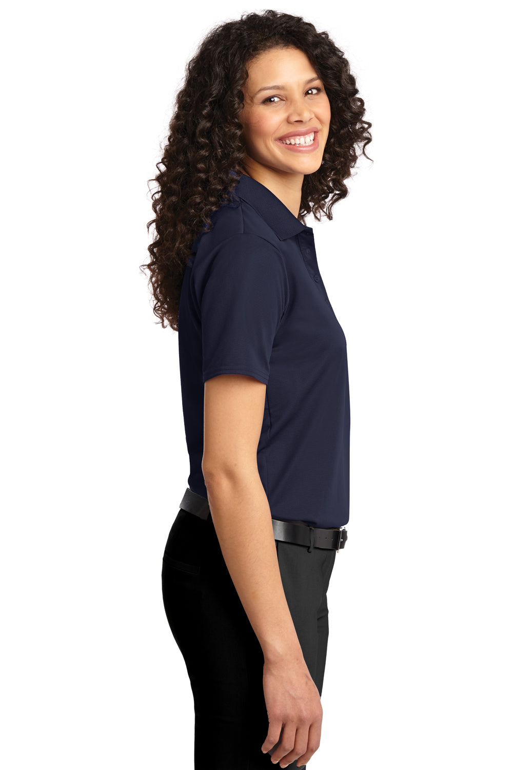 Port Authority L525 Womens Dry Zone Moisture Wicking Short Sleeve Polo Shirt Navy Blue Model Side